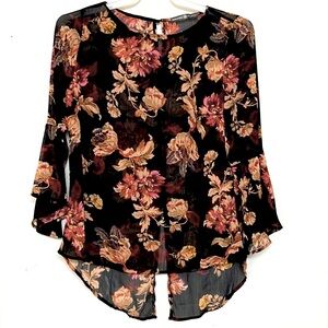 🌞 Signature Collection Sheer black floral top with tails & bell sleeves M